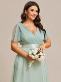 A-Line V-Neck Empire-Waist Plus Size Short Sleeves Formal Bridesmaid Dress
