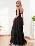 Spaghetti Straps A-Line V-Neck Sleeveless High Slit Long Bridesmaid Dress