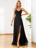 Spaghetti Straps A-Line V-Neck Sleeveless High Slit Long Bridesmaid Dress