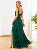 Spaghetti Straps A-Line V-Neck Sleeveless High Slit Long Bridesmaid Dress