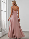 Spaghetti Straps A-Line V-Neck Sleeveless High Slit Long Bridesmaid Dress