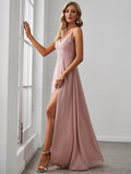 Spaghetti Straps A-Line V-Neck Sleeveless High Slit Long Bridesmaid Dress