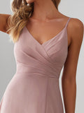 Spaghetti Straps A-Line V-Neck Sleeveless High Slit Long Bridesmaid Dress