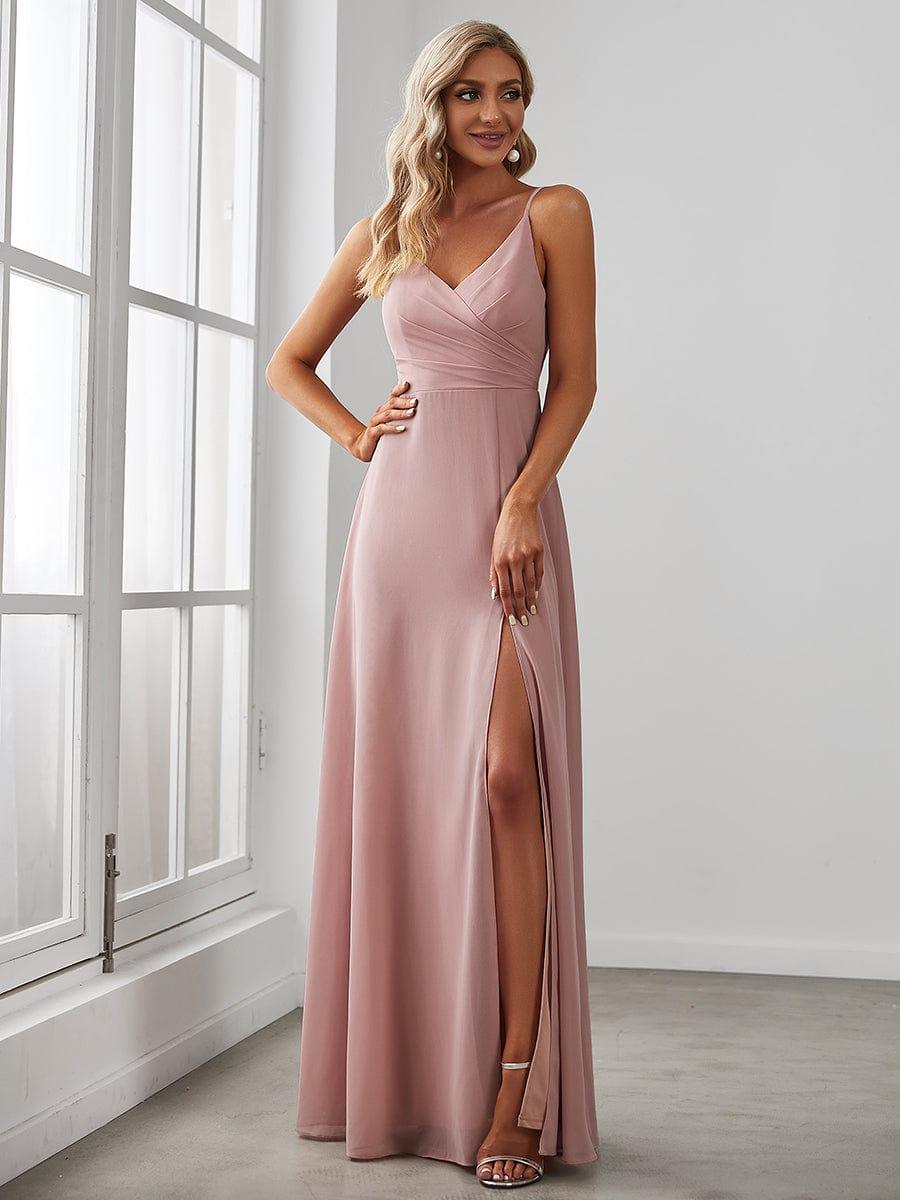 Spaghetti Straps A-Line V-Neck Sleeveless High Slit Long Bridesmaid Dress