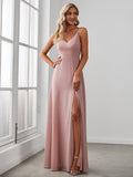 Spaghetti Straps A-Line V-Neck Sleeveless High Slit Long Bridesmaid Dress