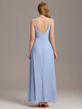 Spaghetti Straps A-Line V-Neck Sleeveless High Slit Long Bridesmaid Dress
