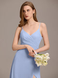 Spaghetti Straps A-Line V-Neck Sleeveless High Slit Long Bridesmaid Dress
