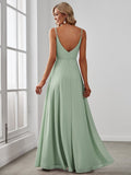 Spaghetti Straps A-Line V-Neck Sleeveless High Slit Long Bridesmaid Dress
