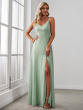 Spaghetti Straps A-Line V-Neck Sleeveless High Slit Long Bridesmaid Dress