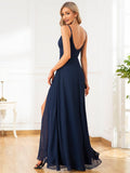 Spaghetti Straps A-Line V-Neck Sleeveless High Slit Long Bridesmaid Dress