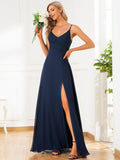 Spaghetti Straps A-Line V-Neck Sleeveless High Slit Long Bridesmaid Dress