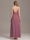 Spaghetti Straps A-Line V-Neck Sleeveless High Slit Long Bridesmaid Dress