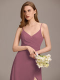 Spaghetti Straps A-Line V-Neck Sleeveless High Slit Long Bridesmaid Dress