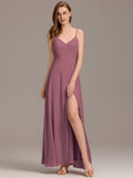 Spaghetti Straps A-Line V-Neck Sleeveless High Slit Long Bridesmaid Dress