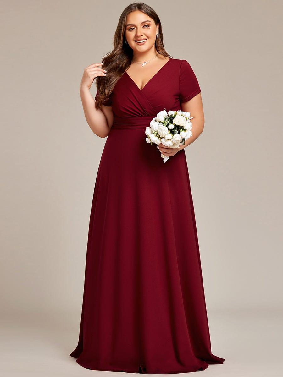 Burgundy A-Line V-Neck Short Sleeves Plus Size Bridesmaid Dress