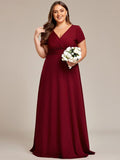 Burgundy A-Line V-Neck Short Sleeves Plus Size Bridesmaid Dress