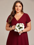 Burgundy A-Line V-Neck Short Sleeves Plus Size Bridesmaid Dress