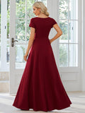 A-Line V-Neck Empire-Waist Short Sleeves Long Bridesmaid Dress