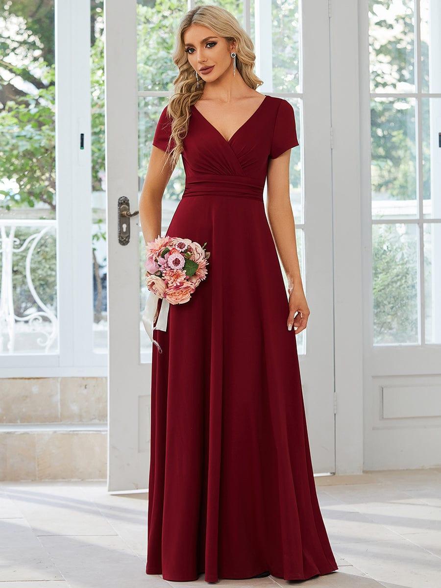 A-Line V-Neck Empire-Waist Short Sleeves Long Bridesmaid Dress