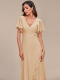 A-Line Ruffles Short Sleeves V-Neck Chiffon Bridesmaid Dress