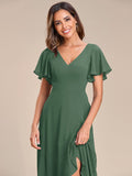 A-Line Ruffles Short Sleeves V-Neck Chiffon Bridesmaid Dress
