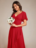 A-Line Ruffles Short Sleeves V-Neck Chiffon Bridesmaid Dress