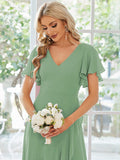 A-Line Ruffles Short Sleeves V-Neck Chiffon Bridesmaid Dress