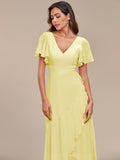 A-Line Ruffles Short Sleeves V-Neck Chiffon Bridesmaid Dress