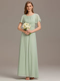 A-Line Simple Chiffon Scoop Neck Pleated Empire-Waist Bridesmaid Dress