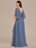 A-Line Half Sleeves V-Neck Pleated High Slit Chiffon Bridesmaid Dress