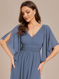 A-Line Half Sleeves V-Neck Pleated High Slit Chiffon Bridesmaid Dress