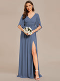 A-Line Half Sleeves V-Neck Pleated High Slit Chiffon Bridesmaid Dress