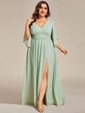 A-Line Half Sleeves V-Neck Pleated High Slit Chiffon Bridesmaid Dress
