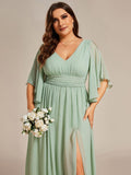 A-Line Half Sleeves V-Neck Pleated High Slit Chiffon Bridesmaid Dress