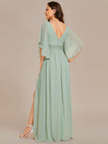 A-Line Half Sleeves V-Neck Pleated High Slit Chiffon Bridesmaid Dress
