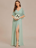 A-Line Half Sleeves V-Neck Pleated High Slit Chiffon Bridesmaid Dress