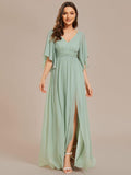 A-Line Half Sleeves V-Neck Pleated High Slit Chiffon Bridesmaid Dress