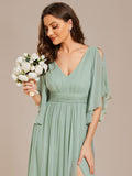 A-Line Half Sleeves V-Neck Pleated High Slit Chiffon Bridesmaid Dress