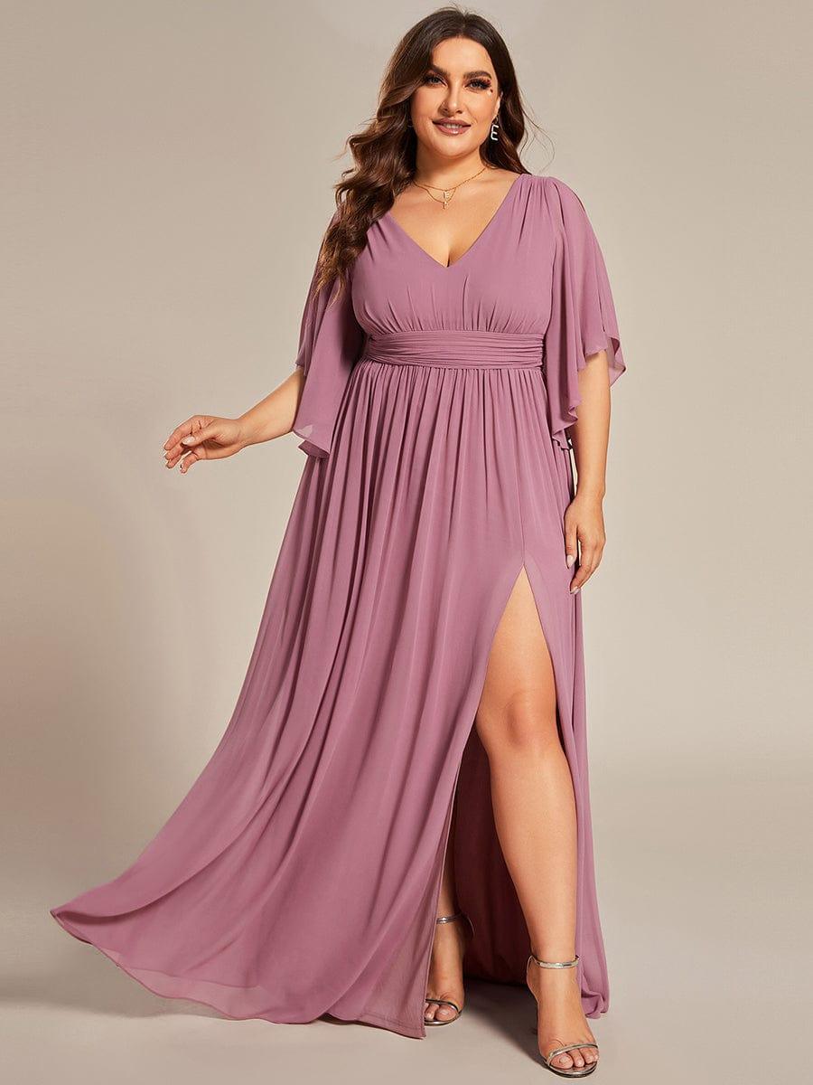 A-Line V-Neck Empire-Waist Half Sleeve Pleated Chiffon Bridesmaid Dress with Slit