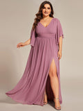 A-Line Half Sleeves V-Neck Pleated High Slit Chiffon Bridesmaid Dress