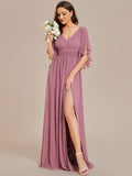 A-Line Half Sleeves V-Neck Pleated High Slit Chiffon Bridesmaid Dress