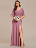 A-Line Half Sleeves V-Neck Pleated High Slit Chiffon Bridesmaid Dress