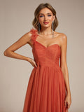 A-Line One Shoulder Empire-Waist Tulle Sleeveless Bridesmaid Dress with Slit