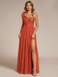 A-Line One Shoulder Empire-Waist Tulle Sleeveless Bridesmaid Dress with Slit