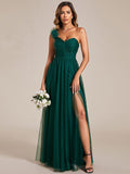 A-Line One Shoulder Empire-Waist Tulle Sleeveless Bridesmaid Dress with Slit
