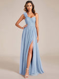 A-Line One Shoulder Empire-Waist Tulle Sleeveless Bridesmaid Dress with Slit