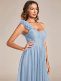 A-Line One Shoulder Empire-Waist Tulle Sleeveless Bridesmaid Dress with Slit