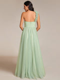A-Line One Shoulder Empire-Waist Tulle Sleeveless Bridesmaid Dress with Slit