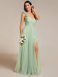 A-Line One Shoulder Empire-Waist Tulle Sleeveless Bridesmaid Dress with Slit
