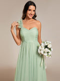 A-Line One Shoulder Empire-Waist Tulle Sleeveless Bridesmaid Dress with Slit